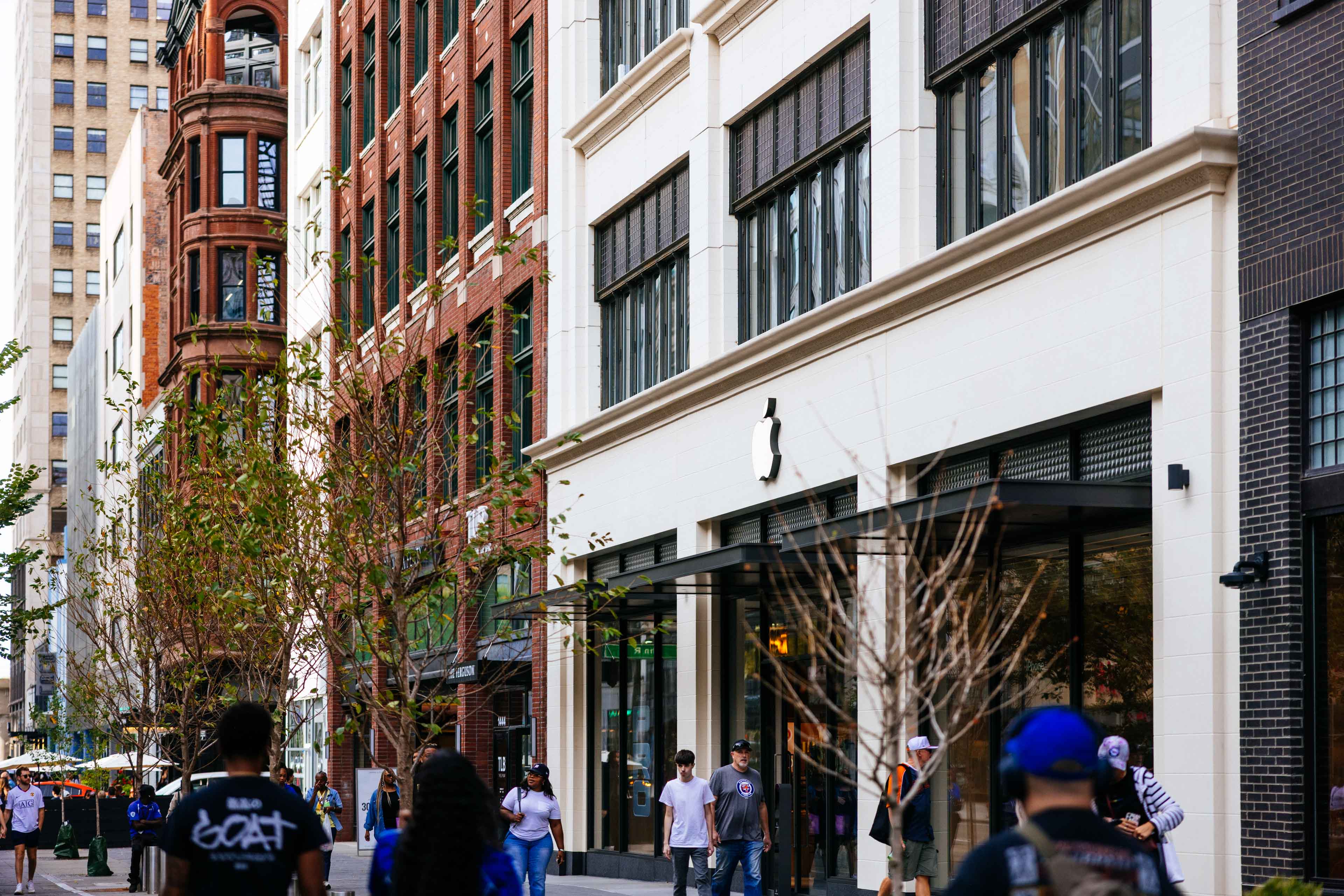 Shoppers on Woodward Avenue outside the Apple Store, downtown Detroit