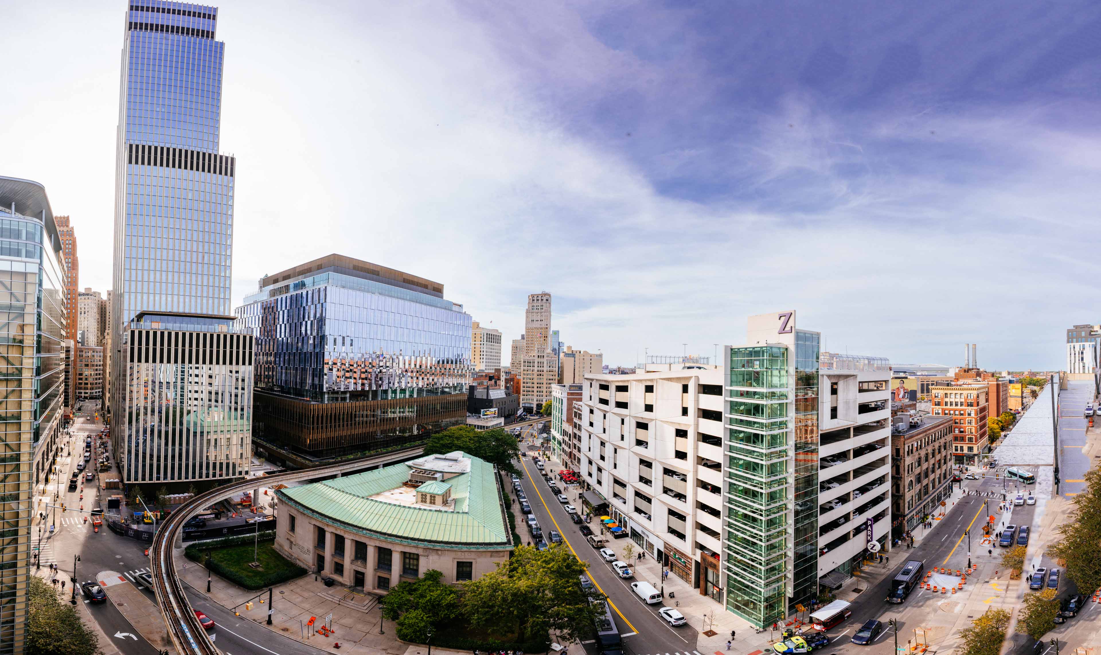 Aerial panorama over Library and Farmer streets with the Z lot and Hudson's site